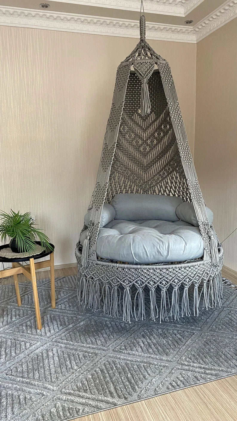 Macrame Swing With Cushions in Grey 35 inches - Leechoo